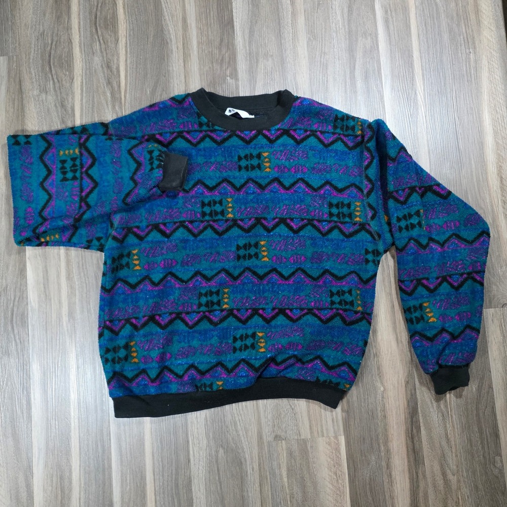 Vintage‎ Columbia Fleece Pullover Aztec Geometric Made in USA Teal Purple Mens M
